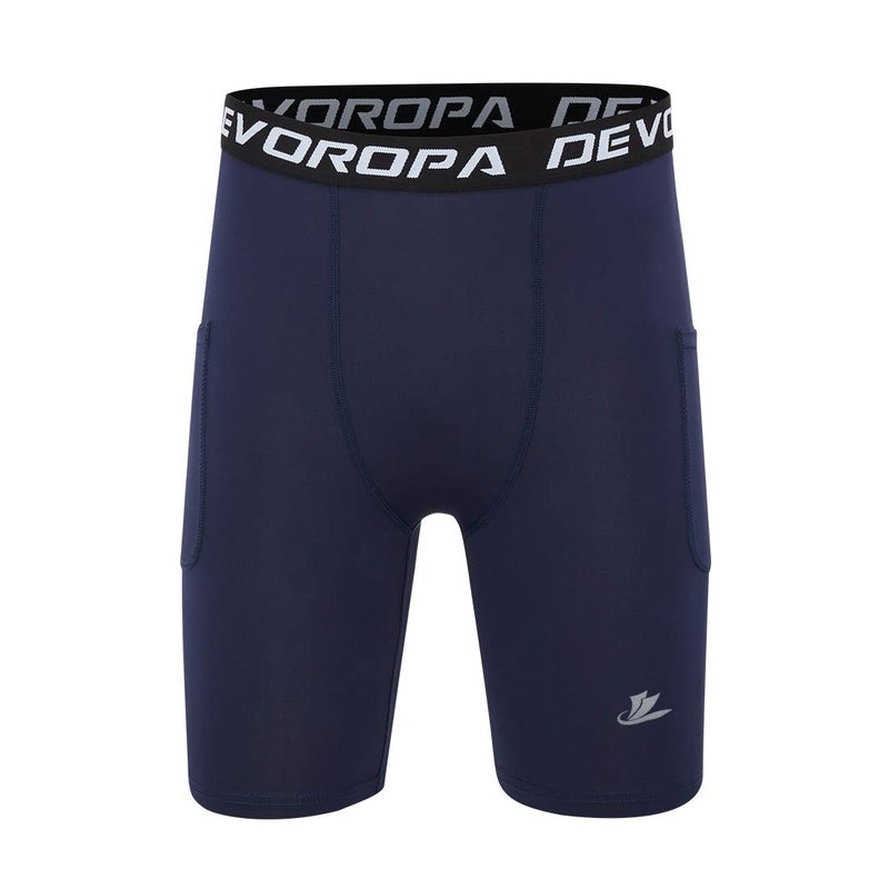 DEVOROPA Youth Boys' Compression Shorts Performance Athletic Base Layers Workout Training Underwear Side Pocket Black/Navy XS (Pack of 2) - Image 2